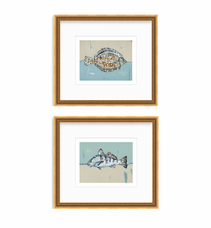 Set of two Flounder and Black Drum fine art prints featuring original coastal fish artwork by Chelsea McShane.