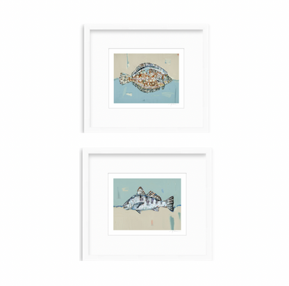 Set of two Flounder and Black Drum fine art prints featuring original coastal fish artwork by Chelsea McShane.
