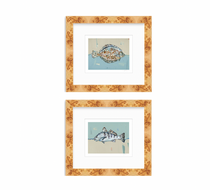 Set of two Flounder and Black Drum fine art prints featuring original coastal fish artwork by Chelsea McShane.