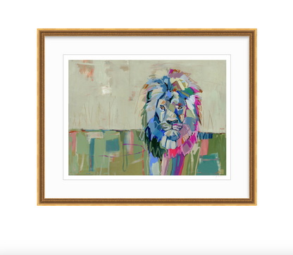 A framed Giclee print of a colorful abstract depiction of a lion on paper, with a white border around the image.