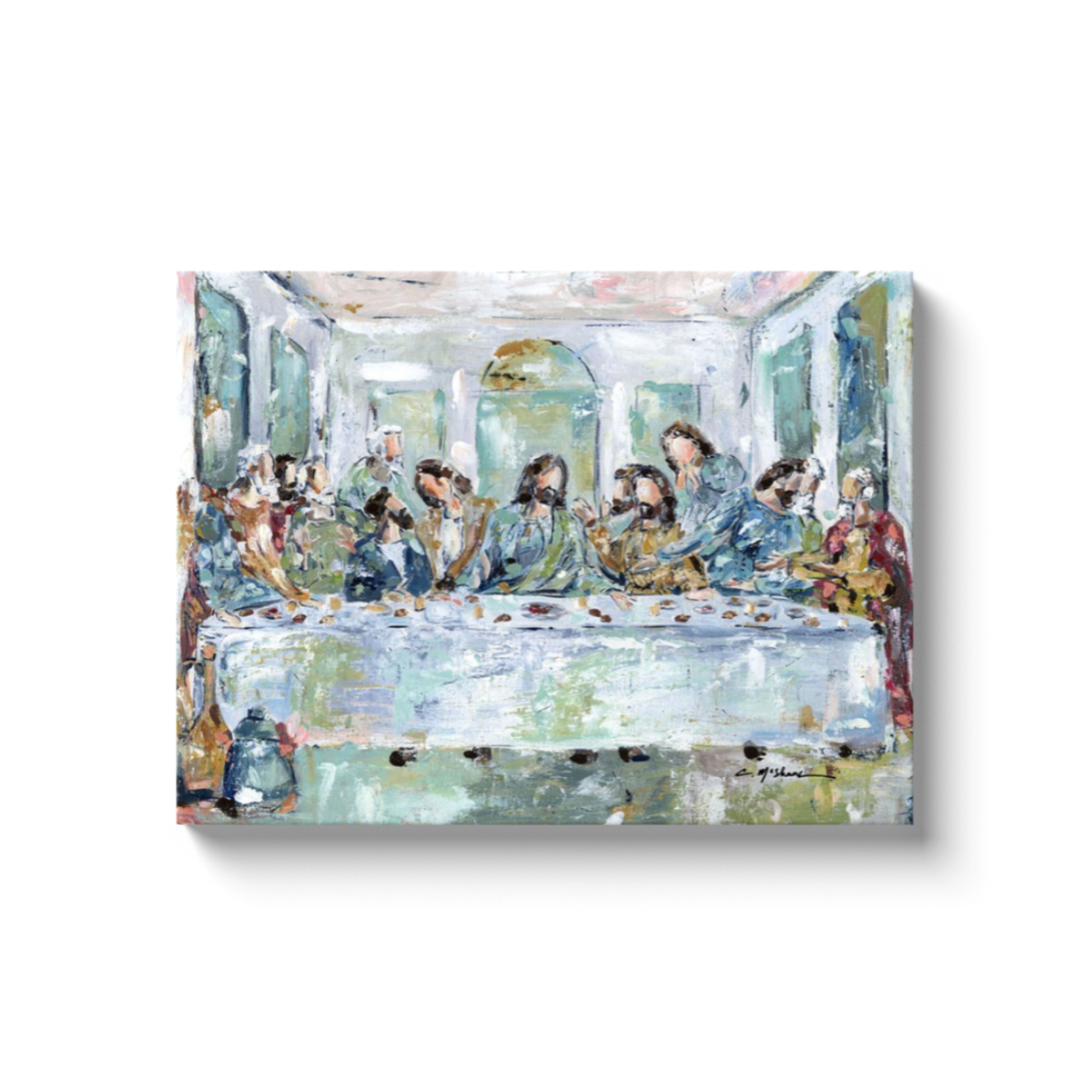 The Last Supper painting with Jesus and his disciples sitting around a table. This is a photo of a canvas print featuring artwork by Chelsea McShane.