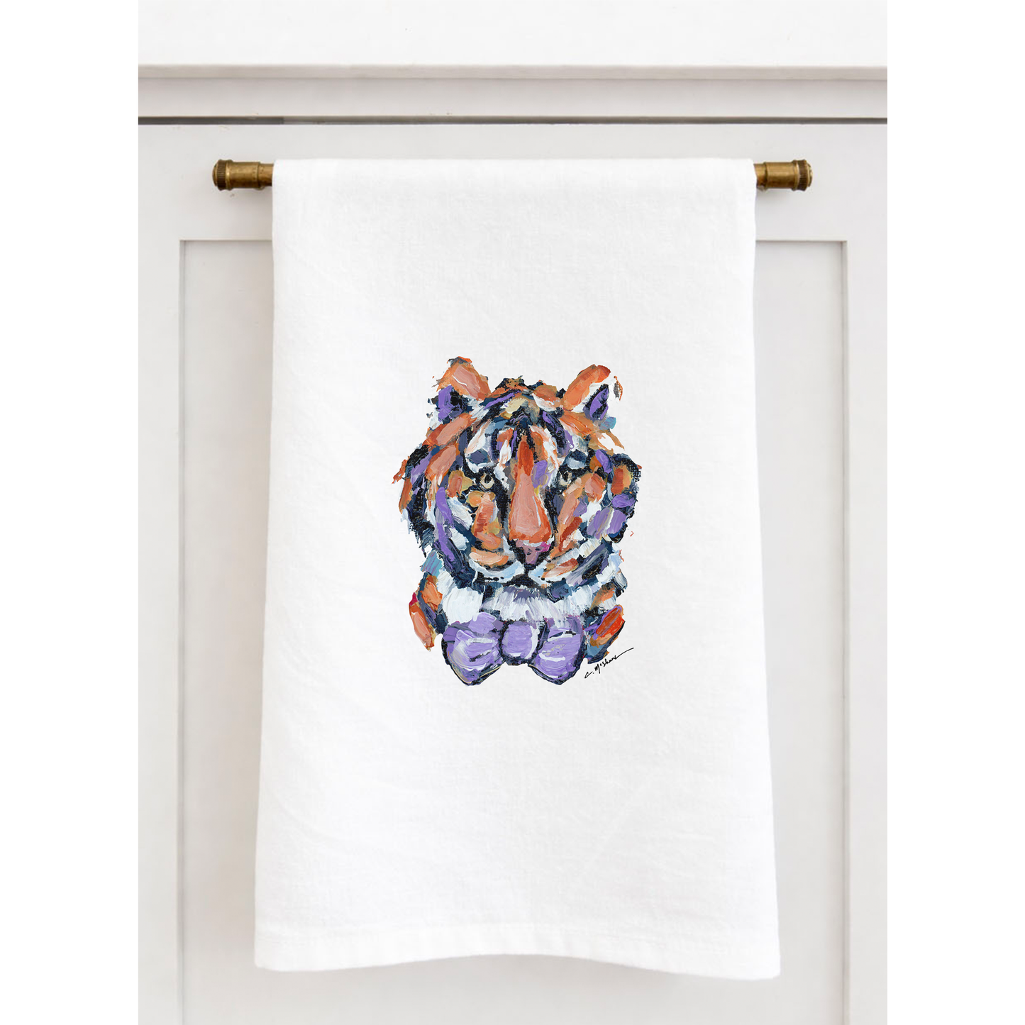 "Tiger Purple & Orange Bow Tie" Tea Towel