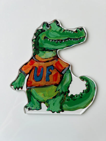 An acrylic tabletop shelfie of an alligator Gator for University of Florida gameday.