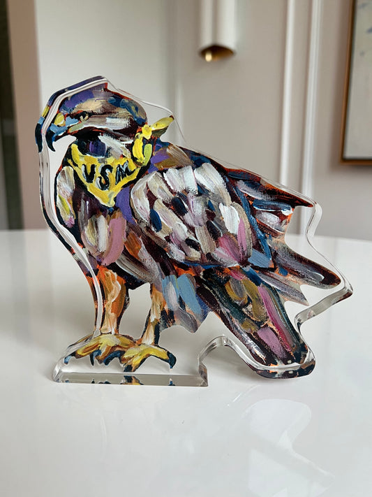 An acrylic tabletop of a Golden Eagle from University of Southern Mississippi for college gameday or alumni gifts.