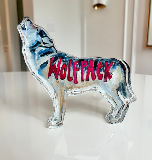 An acrylic tabletop of a coyote for North Caroline Wolfpack gameday or alumni gifts.