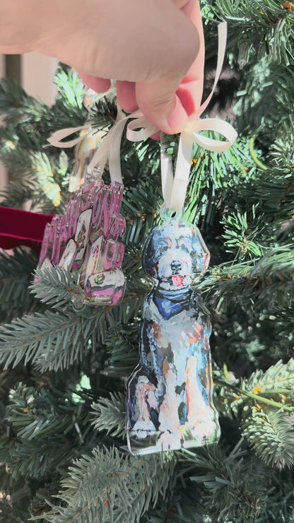 Bernedoodle With Blue Bandana Christmas Dog Acrylic Ornament | Wreath Charm
