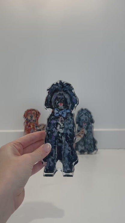 "Goldendoodle Black With Blue Bow" acrylic