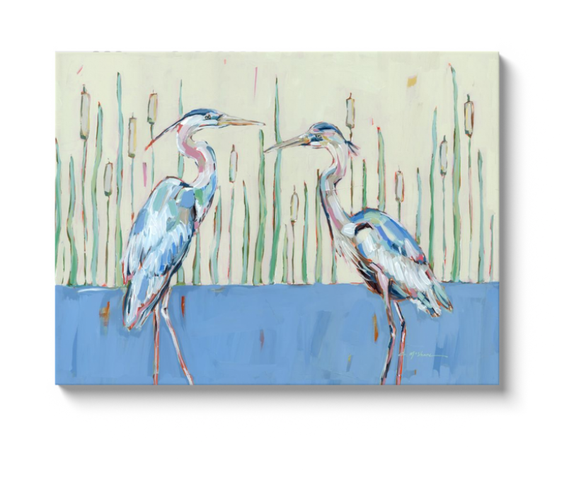 "Follow Your Path" blue herons on canvas