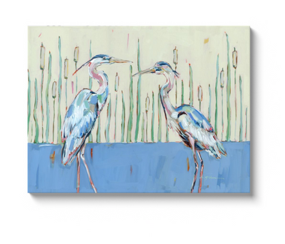 "Follow Your Path" blue herons on canvas