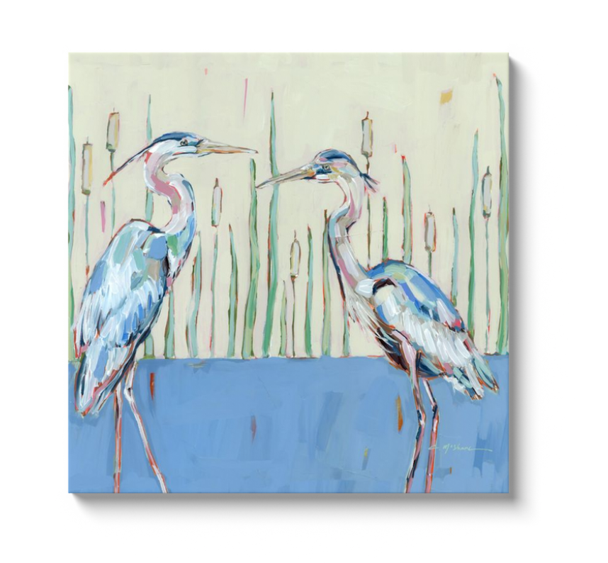 "Follow Your Path" blue herons on canvas