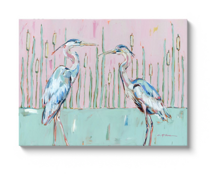 "Follow Your Path" blue herons on canvas